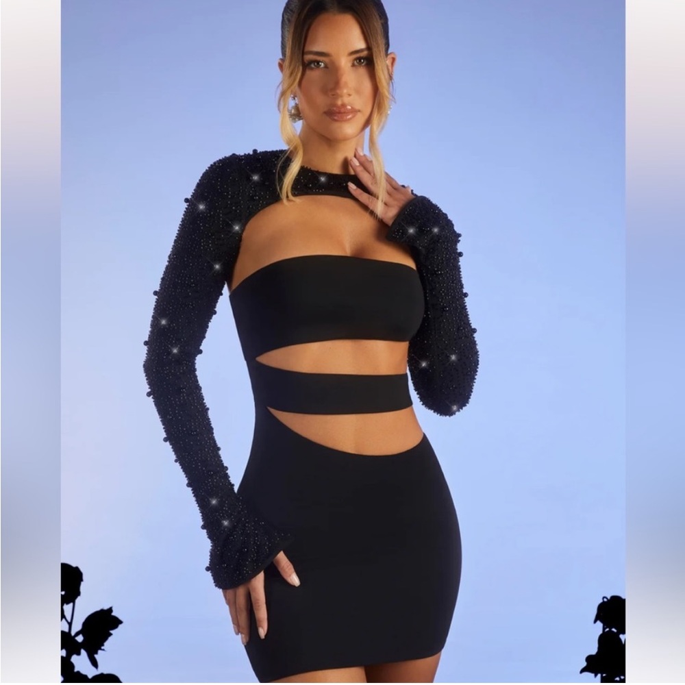 Mayfair Embellished Long Sleeve Cut Out Mini Dress in Black